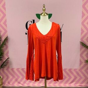 FP Movement by Free People Red V-Neck Lace-Trim Bell Sleeve Tunic